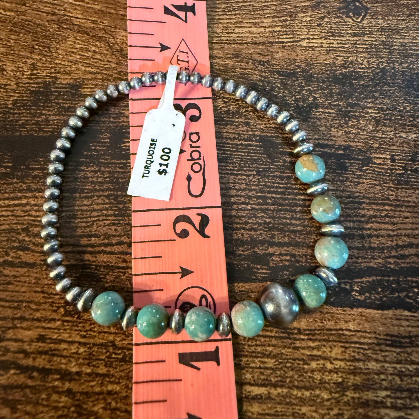 Kingman Turquoise and Sterling Silver 3mm Desert Pearl Stretch Bracelet Wild West Boho