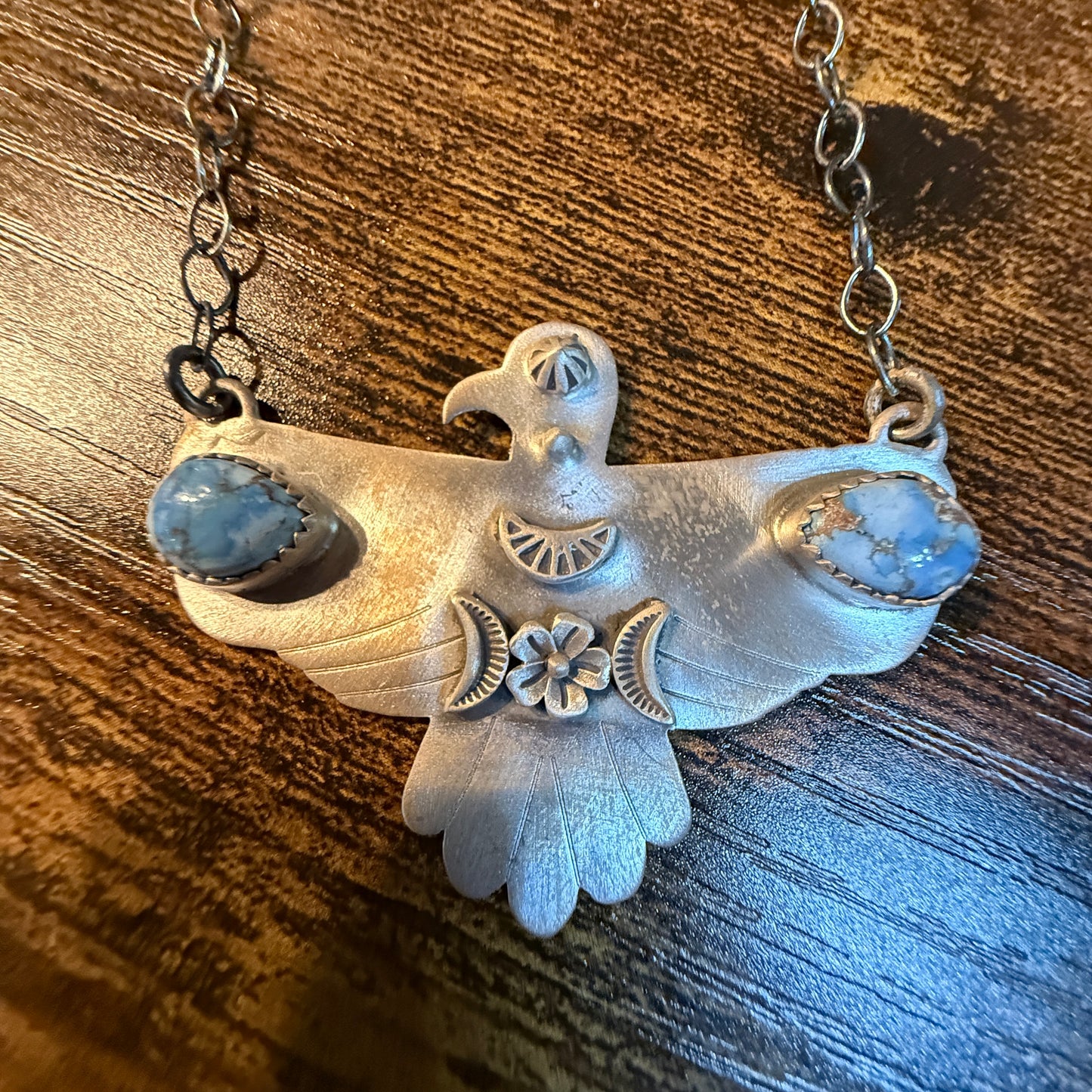Golden Hills Turquoise Thunderbird Necklace in Sterling Silver, 18 Inch Rolo Chain Wild West Boho
