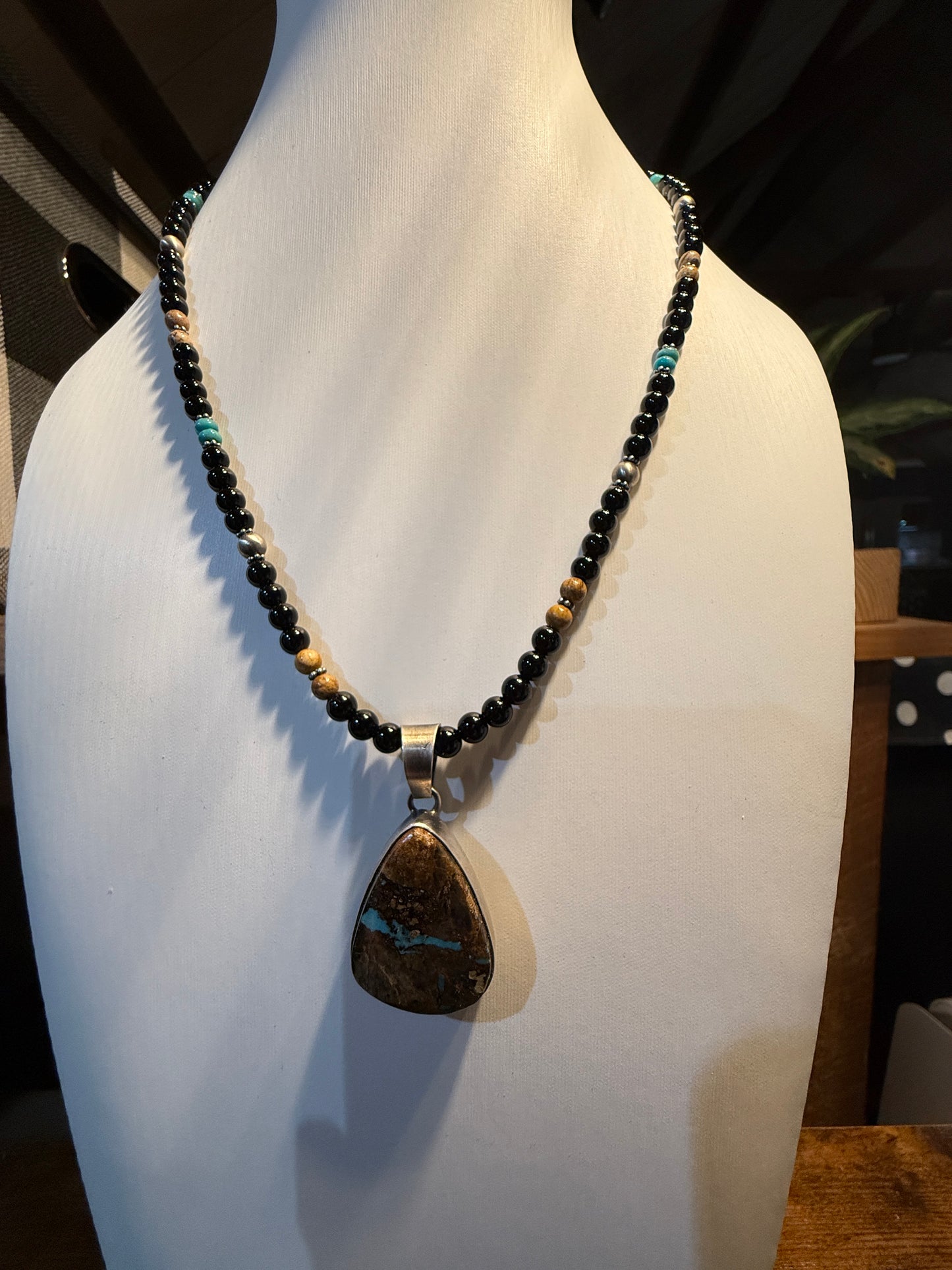 Navajo Handmade Ty Francisco Boulder Turquoise Pendant Necklace Sterling Silver Wild West Boho