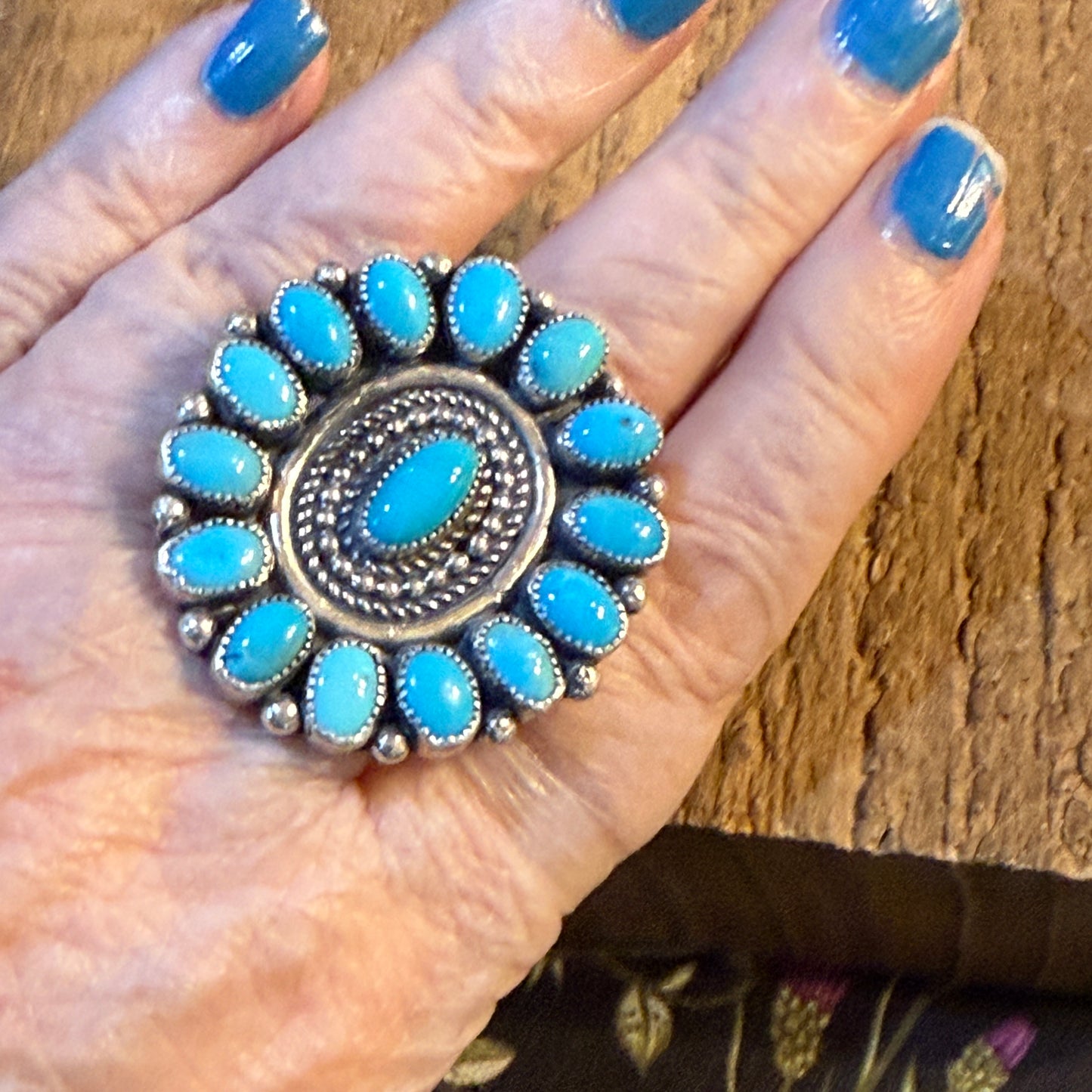 Marie B. Signed Native Handmade Kingman Turquoise Cluster Ring, Size 9 Wild West Boho