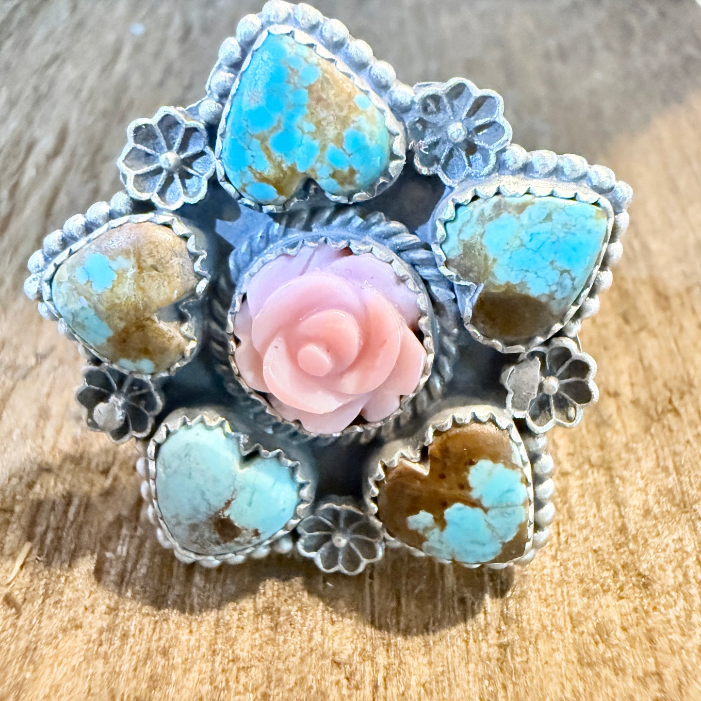 Mine Number 8 Turquoise And Pink Conch Floral Cluster Adjustable Sterling Silver Ring Wild West Boho