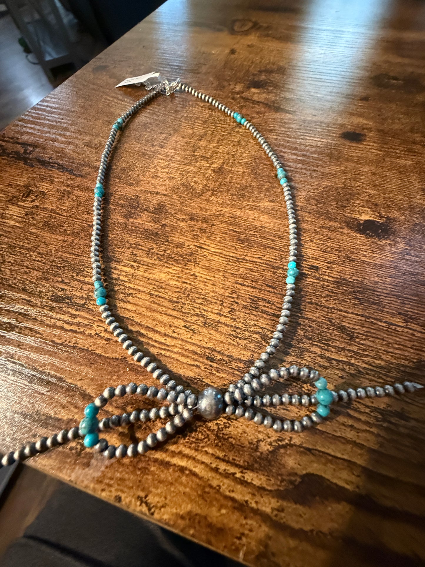 Kingman Turquoise Beads and Sterling Silver Desert Pearls 2mm Bow Necklace, 18 Inch Wild West Boho