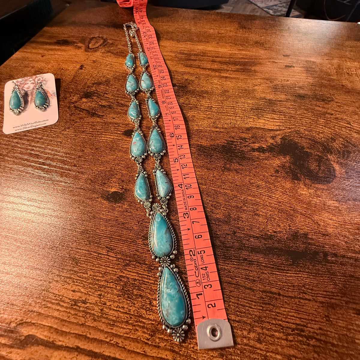 Handcrafted Turquoise Teardrop Silver Plated Lariat Necklace And Earrings Set, 30 Inches Wild West Boho