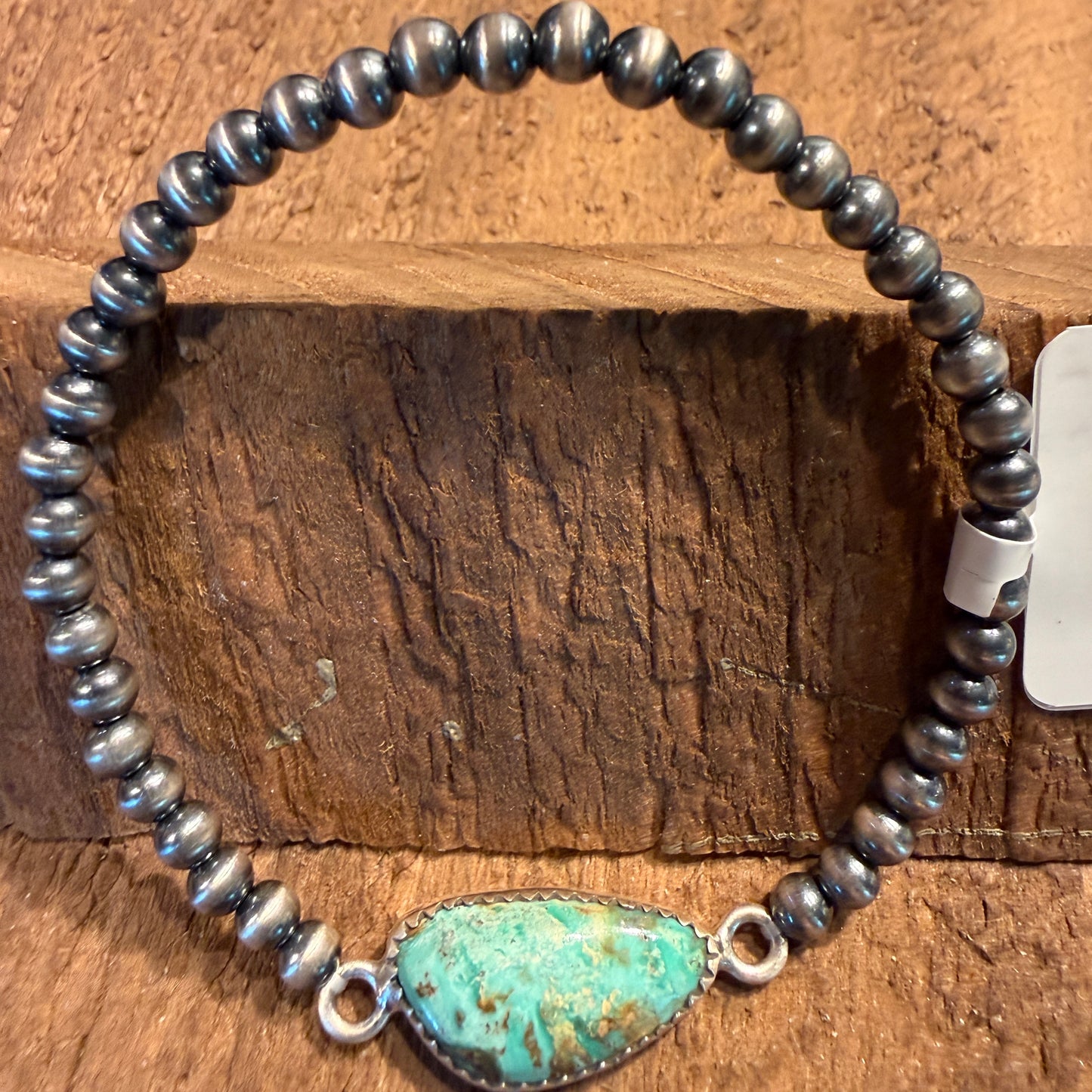 Mantis Turquoise Gemstone 3mm Silver Desert Pearls Stretch Bracelet Wild West Boho