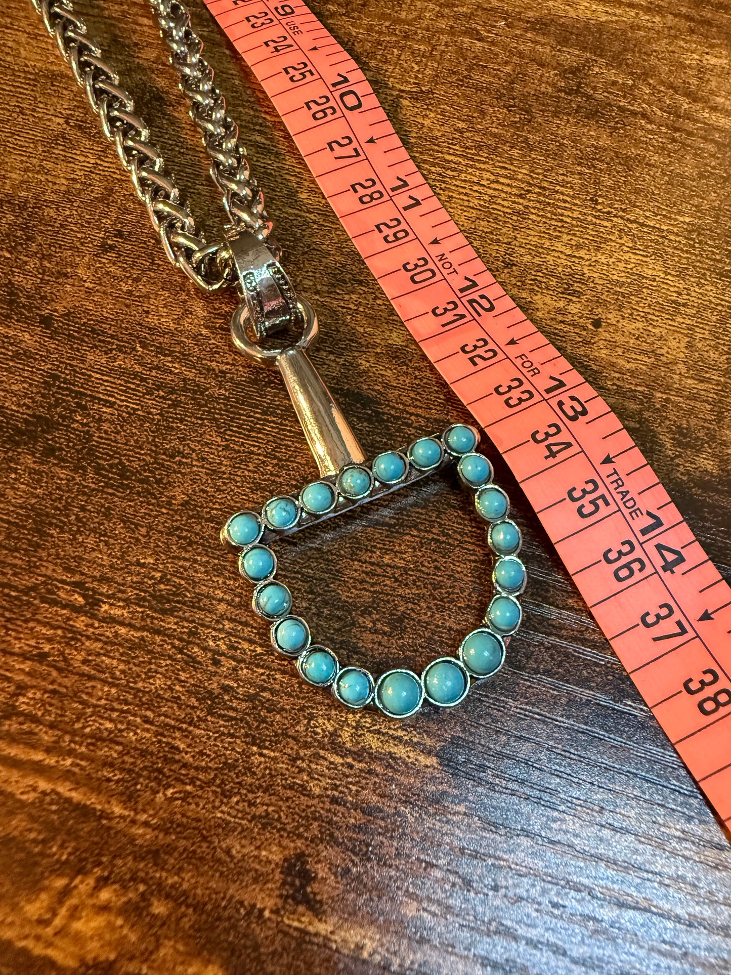 Southwestern Blue Turquoise Horse Bit Pendant Necklace 22 Inch Silver Chain Wild West Boho