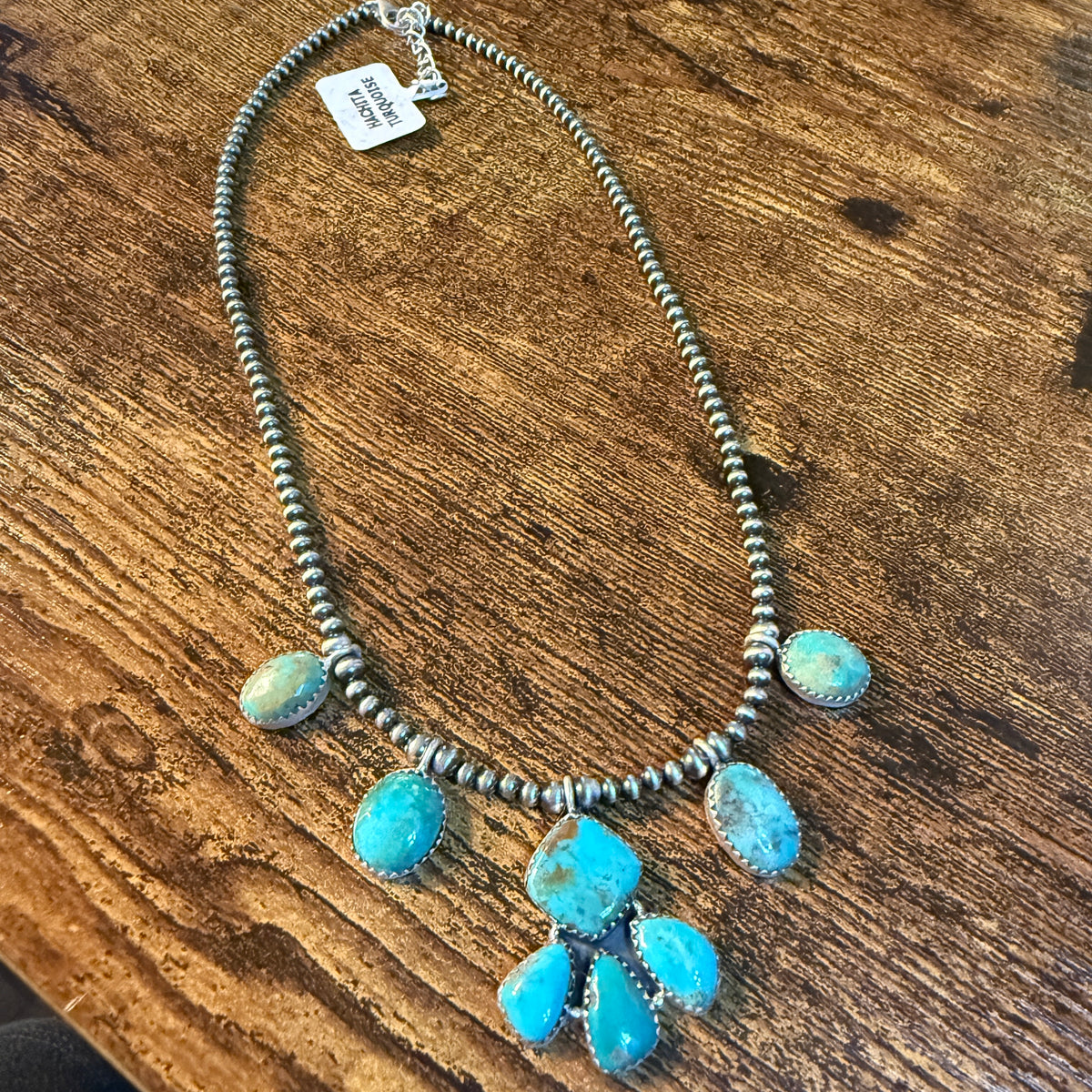 Hachita Turquoise Gemstone 3mm Desert Pearls Choker Necklace Sterling Silver Wild West Boho