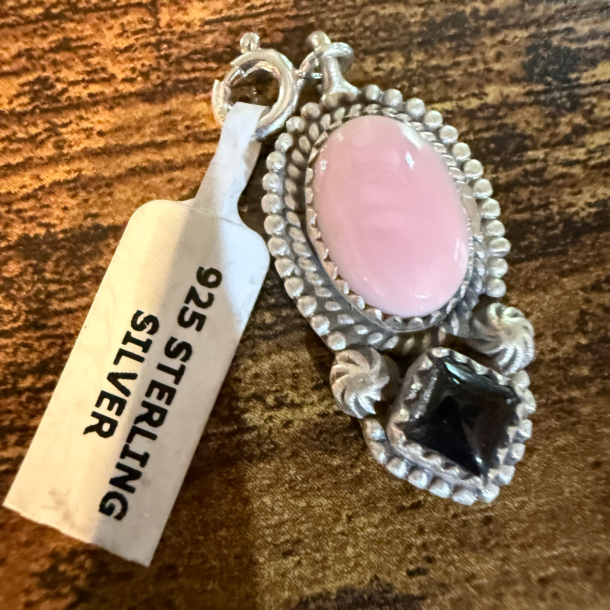 Black Onyx and Pink Conch Turquoise Bracelet Charm in Sterling Silver Wild West Boho