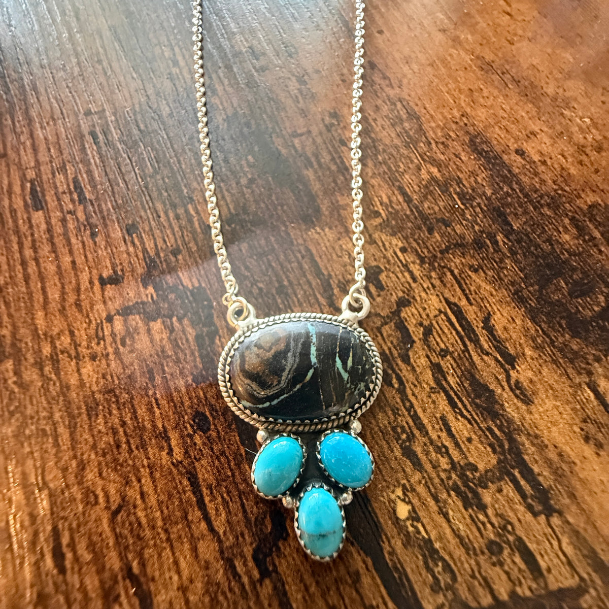 Blackjack and Kingman Turquoise Gemstones 18 Inch Necklace in Sterling Silver Wild West Boho