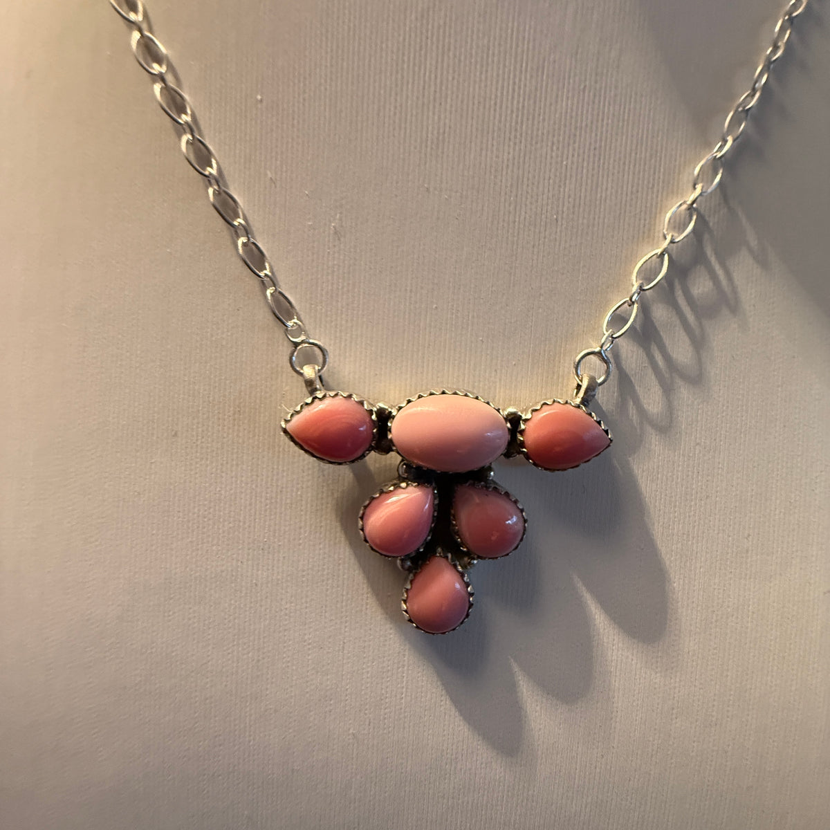 Queen Pink Conch Gemstones 18 Inch Cluster Necklace in Sterling Silver Wild West Boho