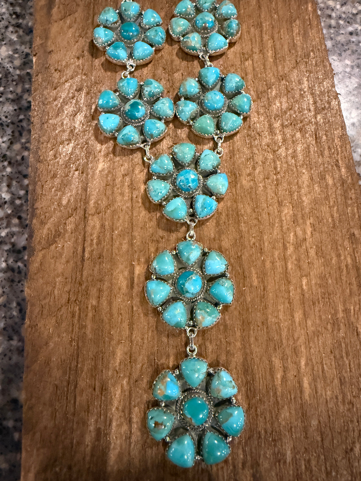 Mohave Turquoise Gemstone Seven 1.25 Inch Floral Cluster Lariat Necklace in Sterling Silver