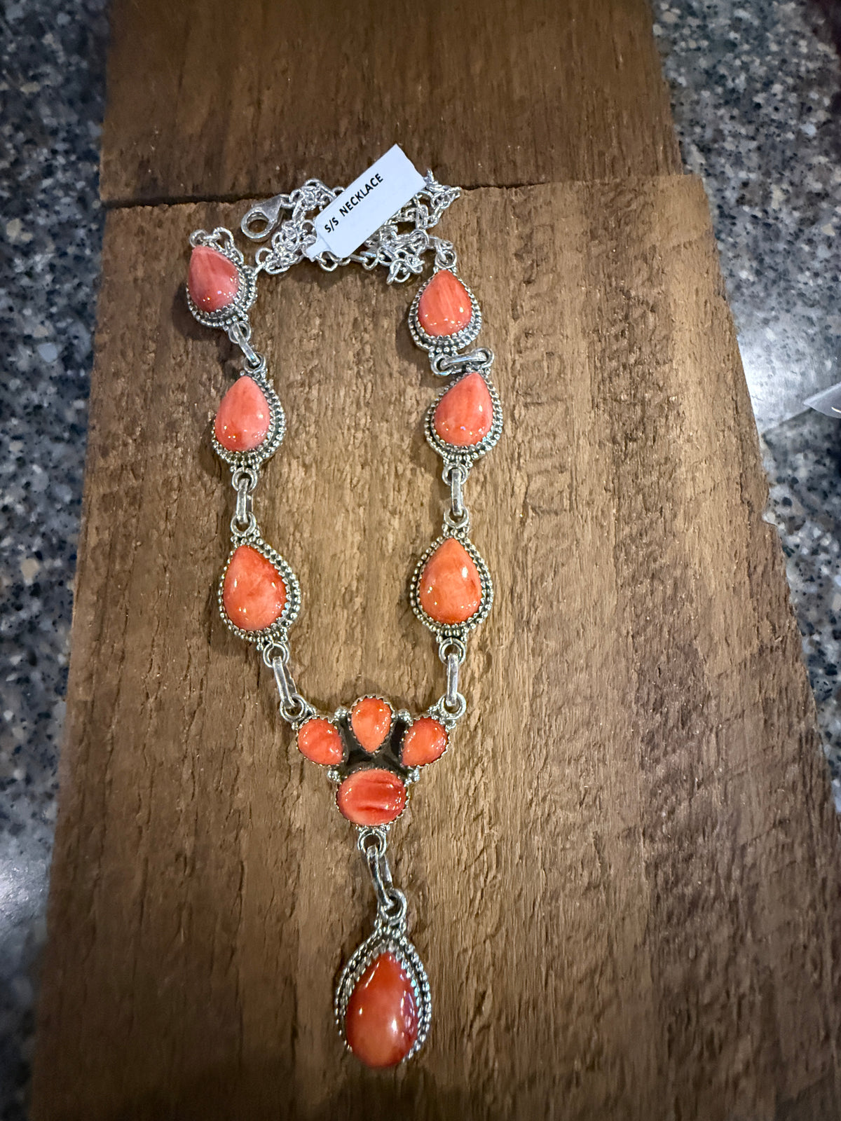 Orange Spiny Turquoise Gemstone 20 Inch Lariat or Choker Adjustable Chain Necklace in Sterling Silver