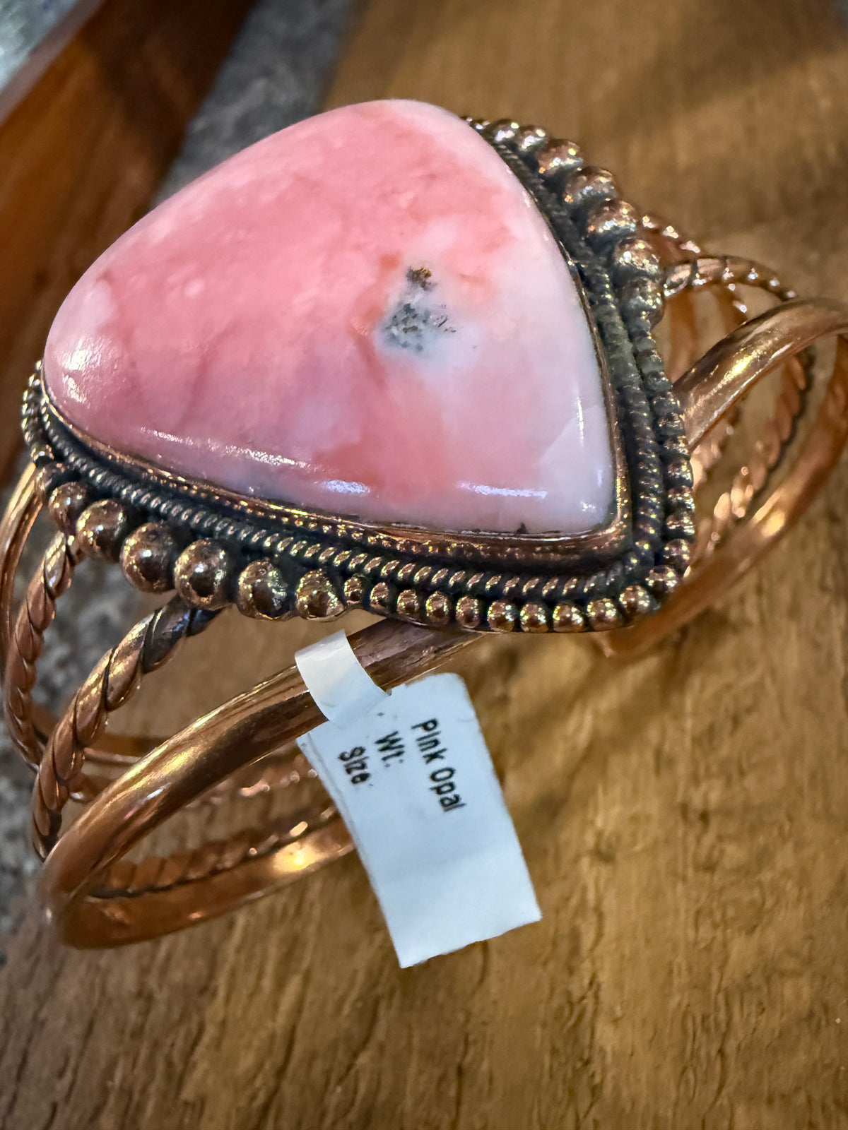 Pink Opal Gemstone FLEX Wide Cuff Bangle in Genuine Copper Size 7