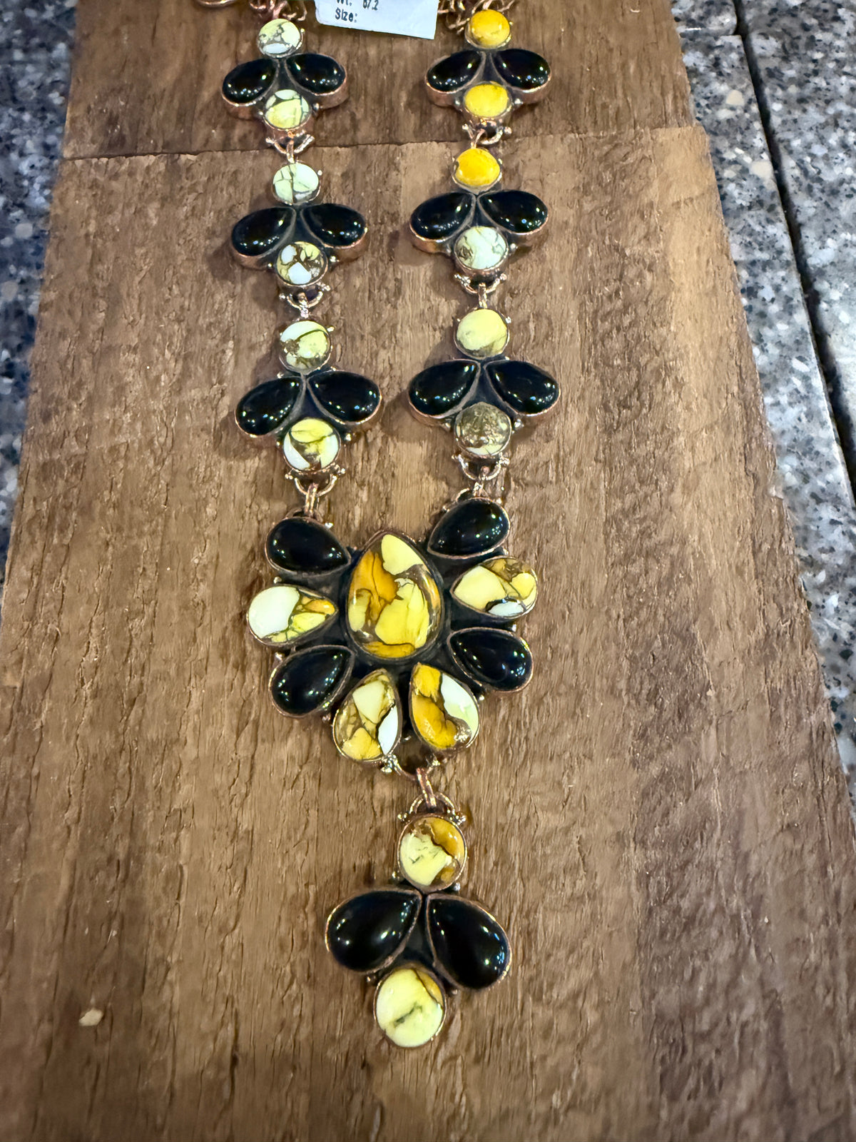 Golden Dahlia and Black Onyx Gemstone Lariat Necklace in Genuine Copper