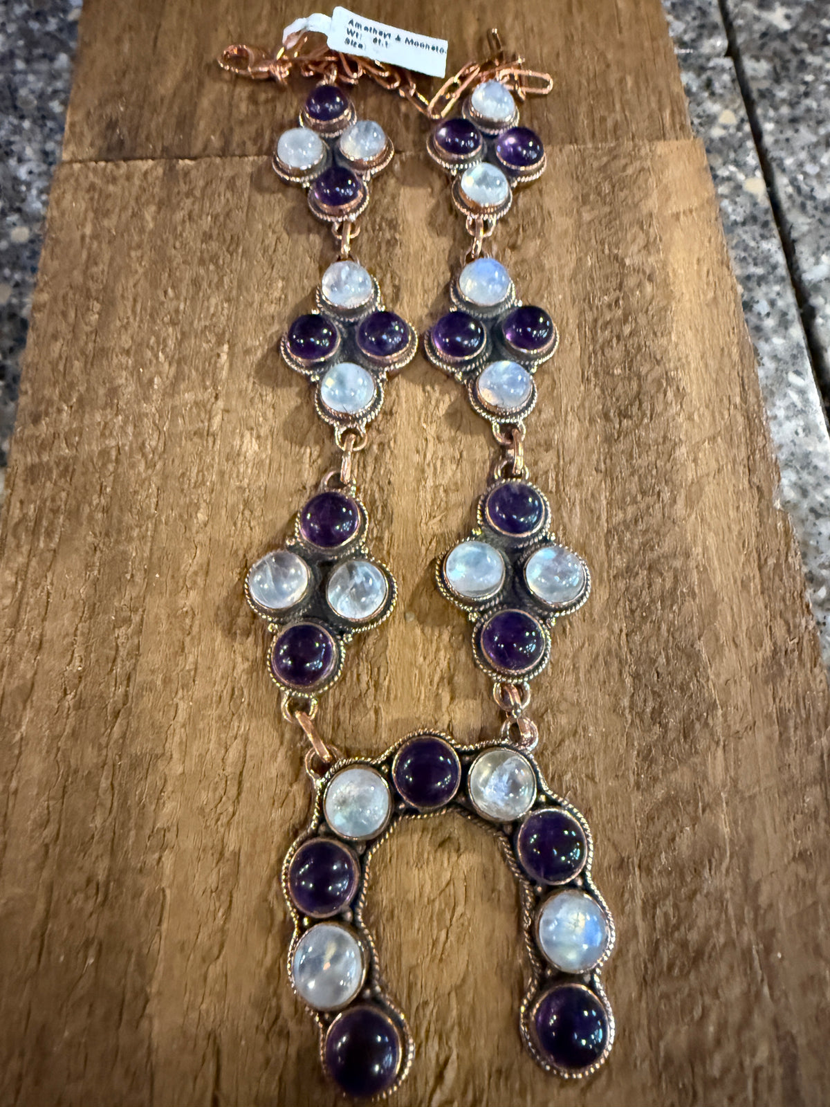 Purple Amethyst and Moonstone Paper Clip Chain Lariat Necklace in Genuine Copper