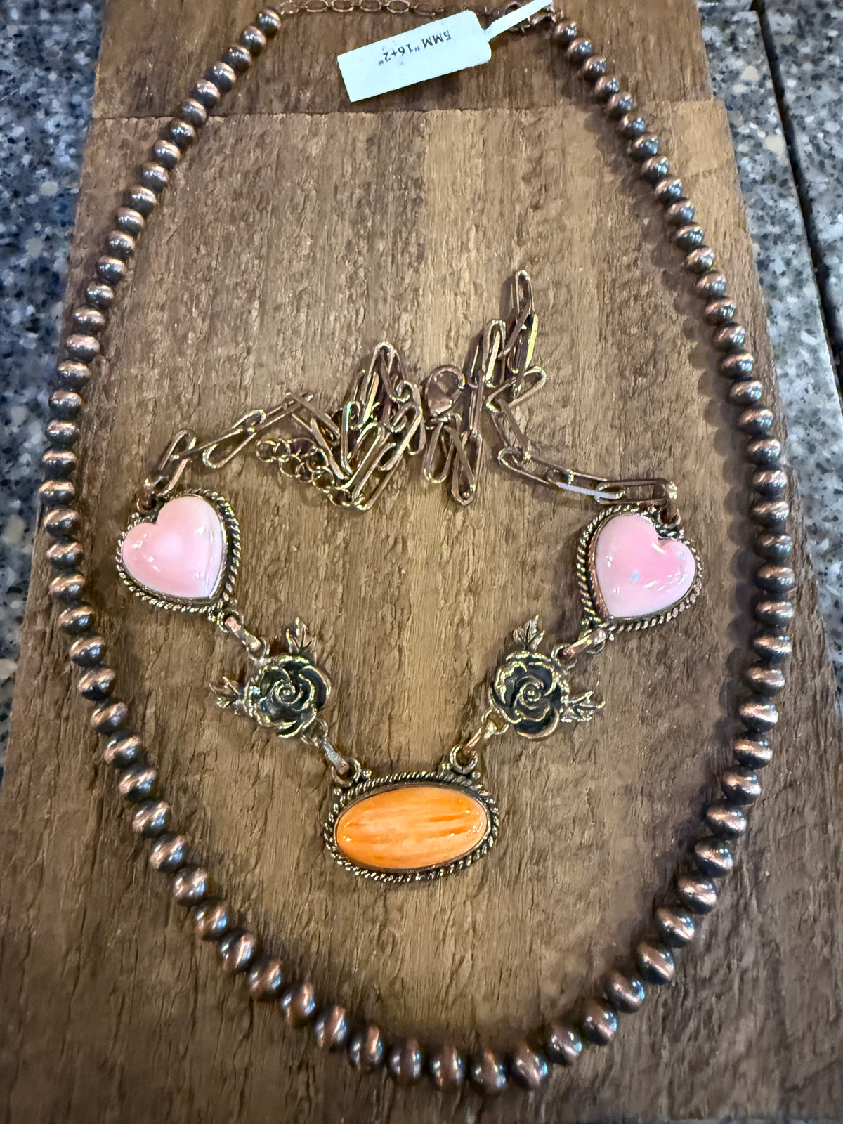Queen Pink Conch and Orange Spiny Adjustable Choker Necklace and 5mm 16 Inch Desert Pearl Necklace Genuine Copper