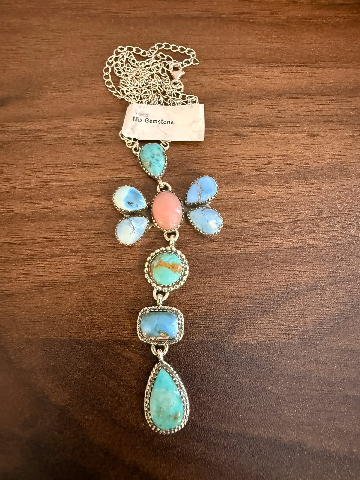 Golden Hills, Pink Conch and Mohave Turquoise Gemstone Chain Lariat Necklace in Sterling Silver