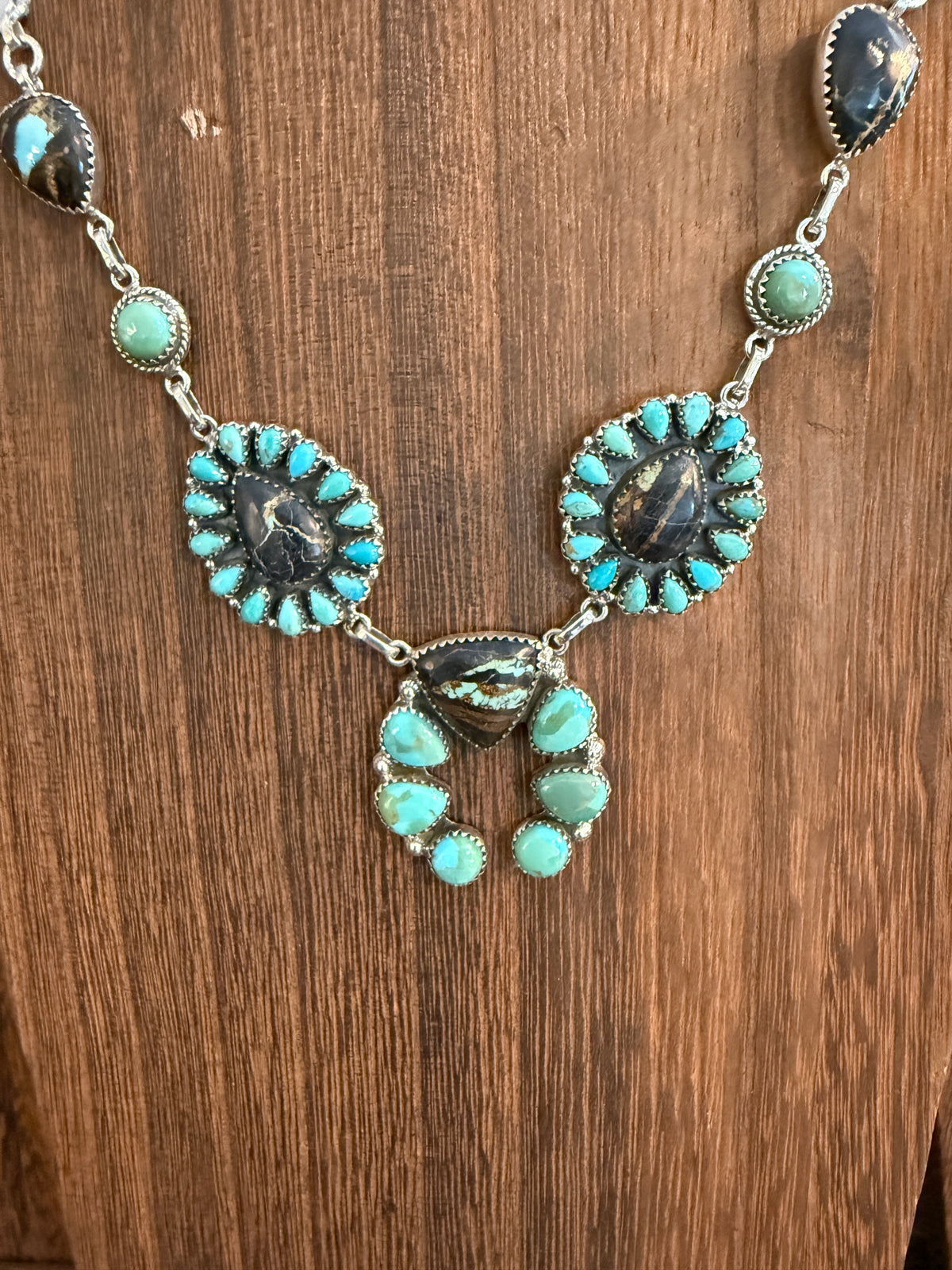 Black Jack and Mohave Turquoise Gemstone Lariat Squash Necklace in Sterling Silver