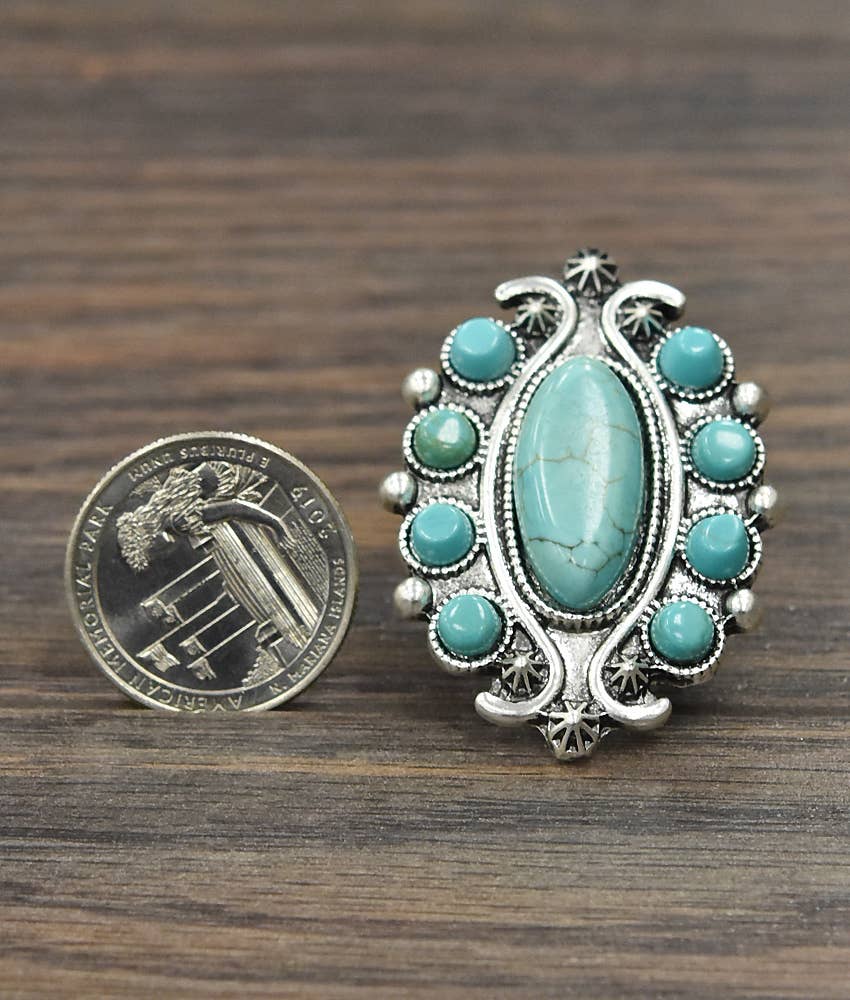 Turquoise Adjustable Statement Cuff Ring with Brass Dual Band, Boho Southwestern Style Ring Silver Elegant