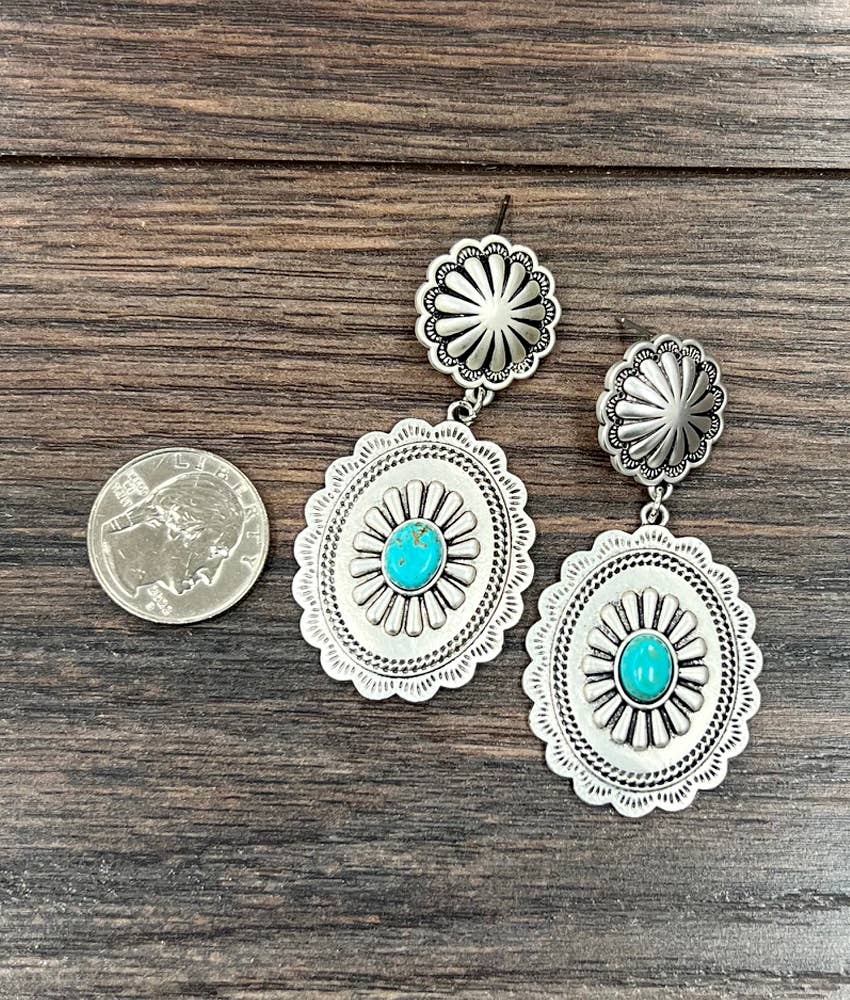 Concho Turquoise Post Earrings Brass 2.5 Inch Long Silver Elegant
