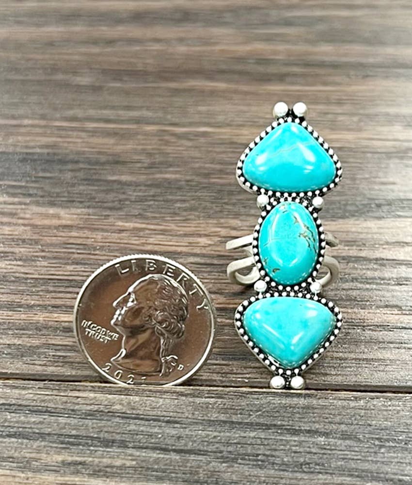 Two Inch Navajo Turquoise Ring Brass Dual Adjustable Band Silver Elegant