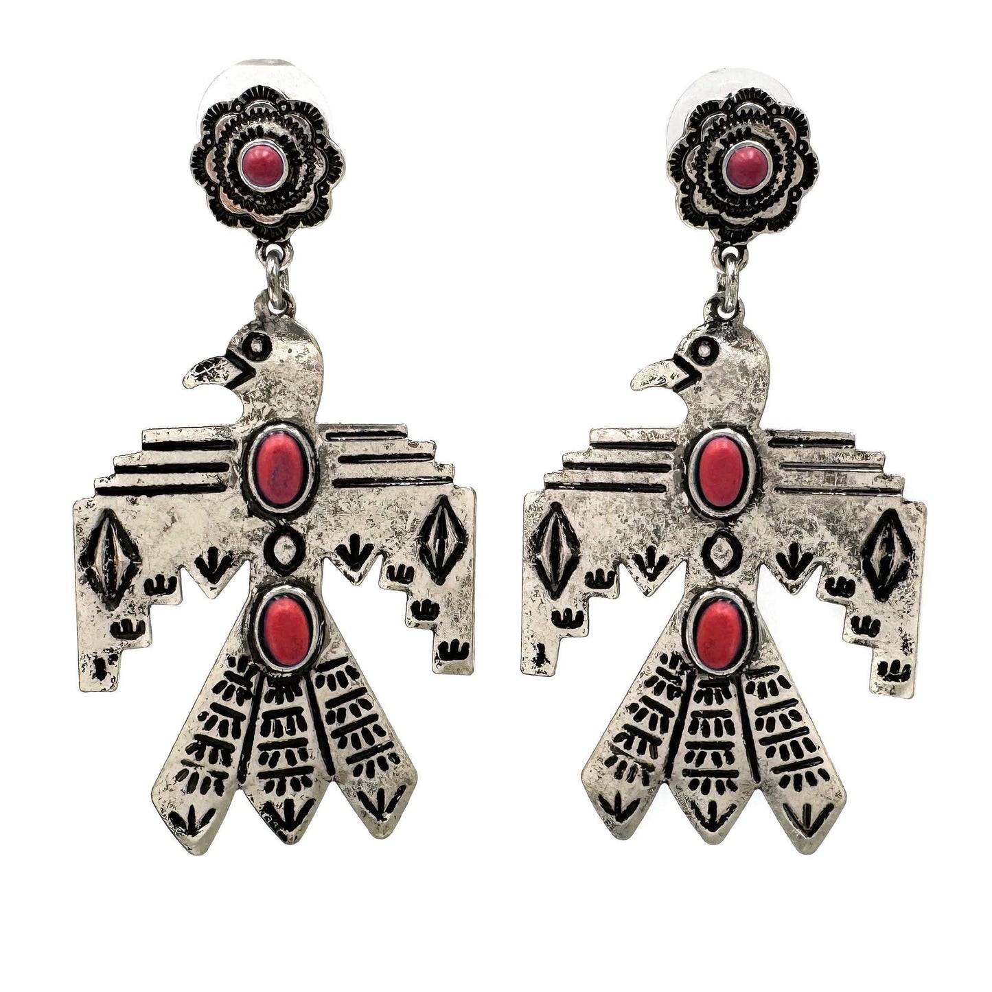 Metal Native Thunderbird Post Dangle Earrings in Red Silver Elegant