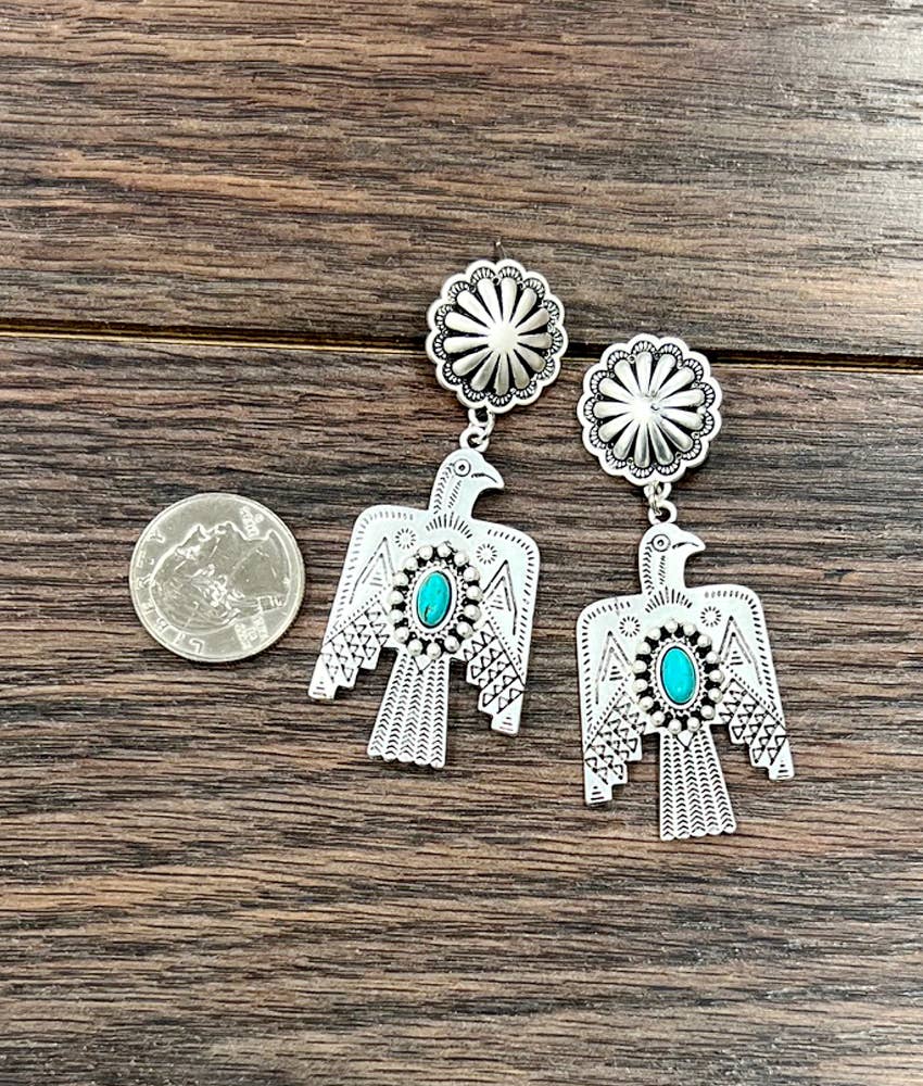 Thunderbird Turquoise Brass Post Earrings 2.8 Inches Silver Elegant