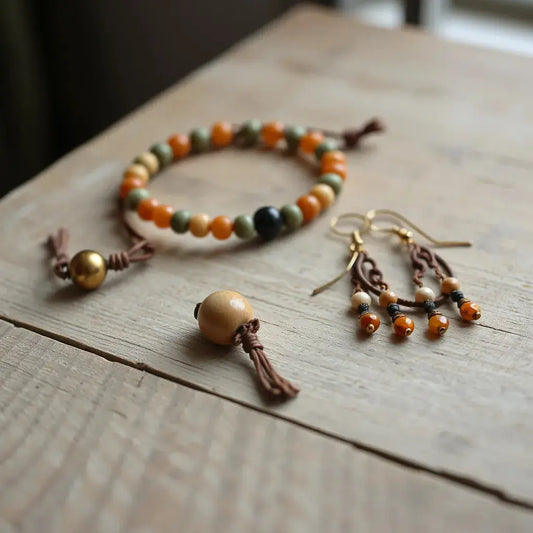 Warm-toned handcrafted beadwork jewelry in terracotta and earthy greens on a rustic wooden surface