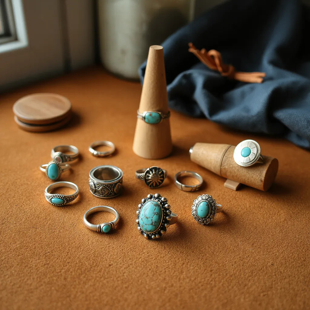 Assorted western-inspired rings with turquoise accents on a suede background under soft natural light