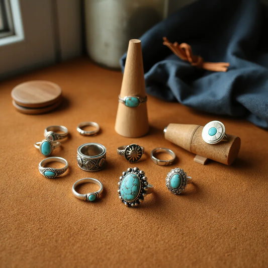 Assorted western-inspired rings with turquoise accents on a suede background under soft natural light
