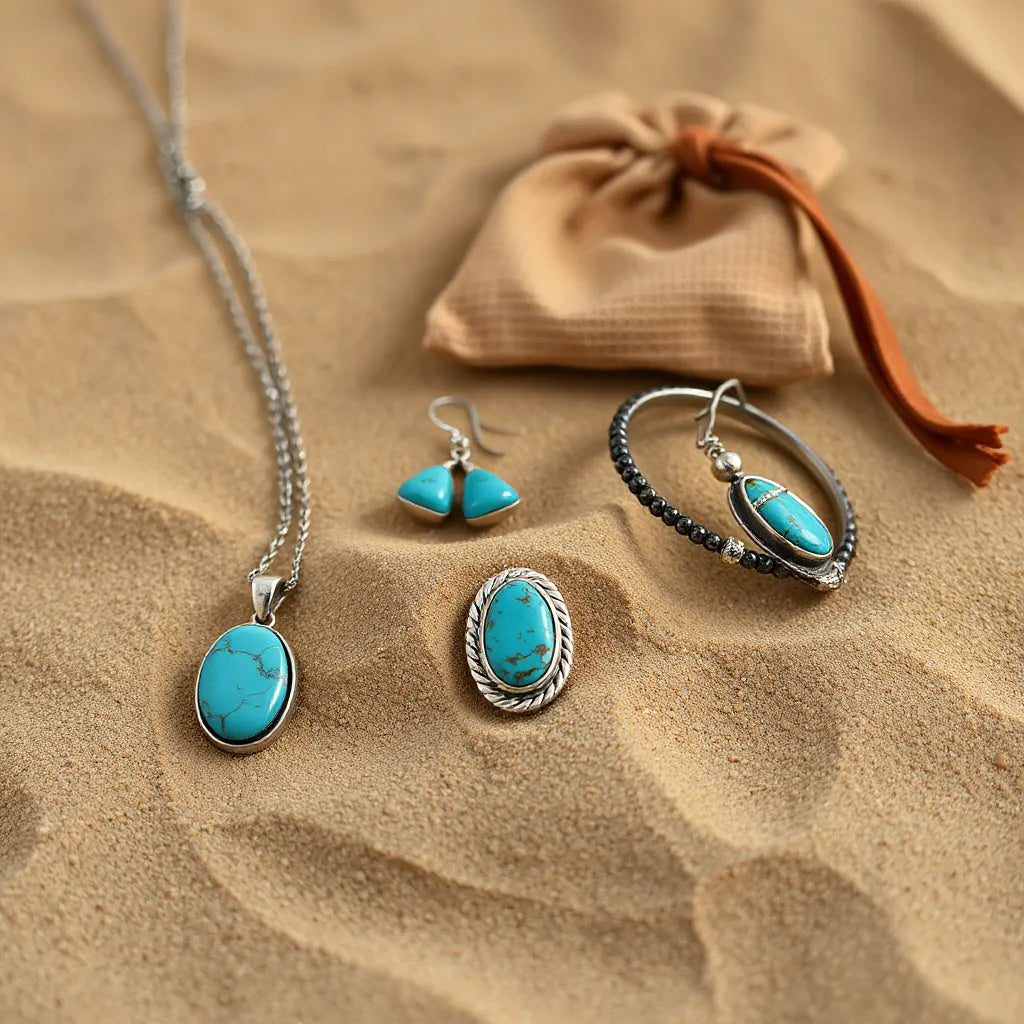 Turquoise pendant necklace, earrings, and silver cuffs styled on desert sand with bohemian southwestern accents