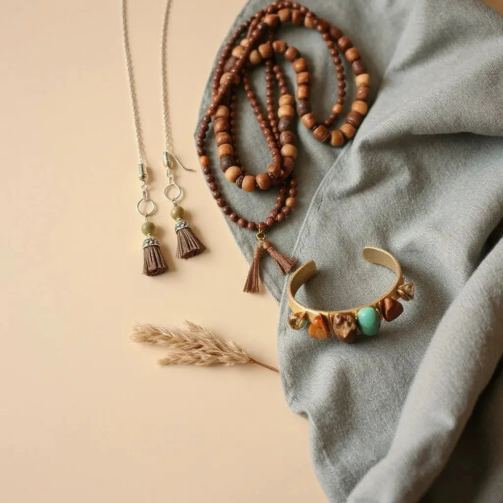 Layered beaded bohemian necklaces, charm earrings, and a cuff bracelet on a neutral backdrop