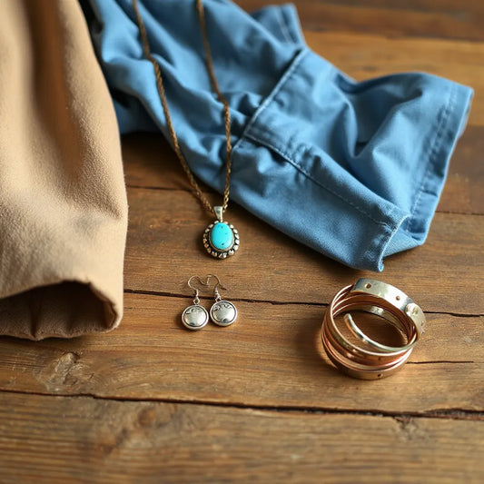 Turquoise pendant necklace, concho earrings, and hammered bangles styled on denim and suede