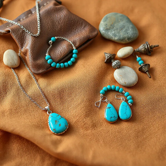 Turquoise pendant necklace and matching jewelry with silver accents on desert-toned fabric.