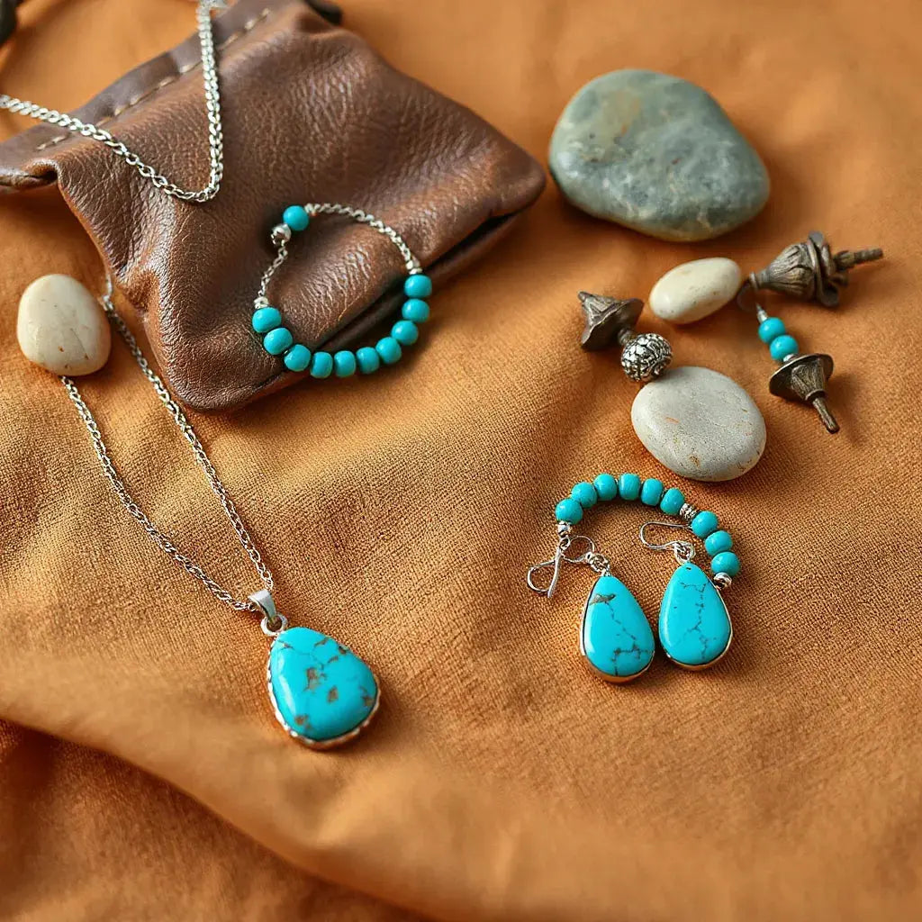 Turquoise pendant necklace and matching jewelry with silver accents on desert-toned fabric.
