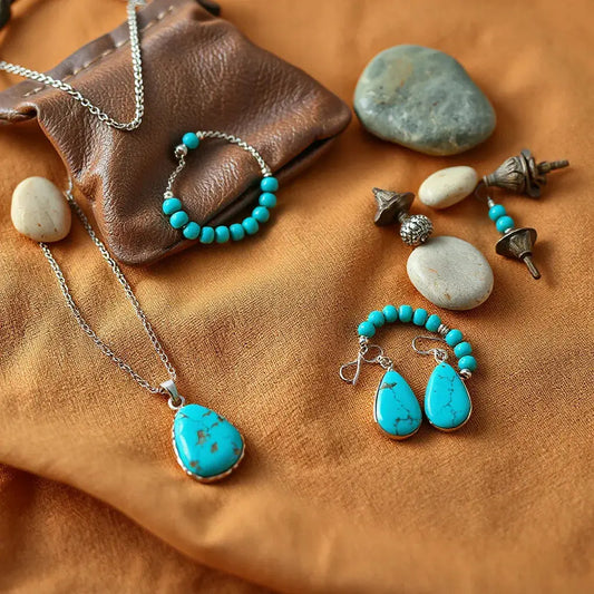 Turquoise pendant necklace and matching jewelry with silver accents on desert-toned fabric.