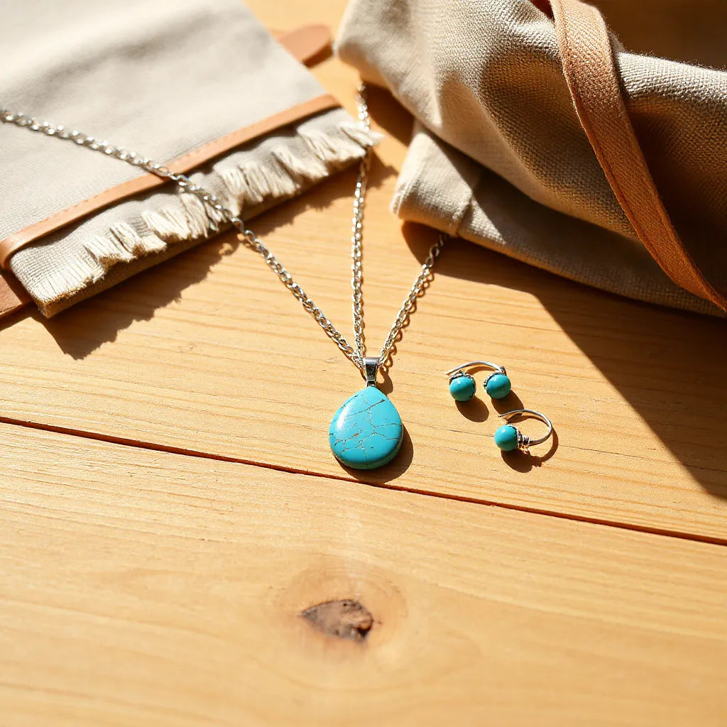 Turquoise bohemian southwestern jewelry set with necklace, earrings, and bracelet on a sunlit wooden surface
