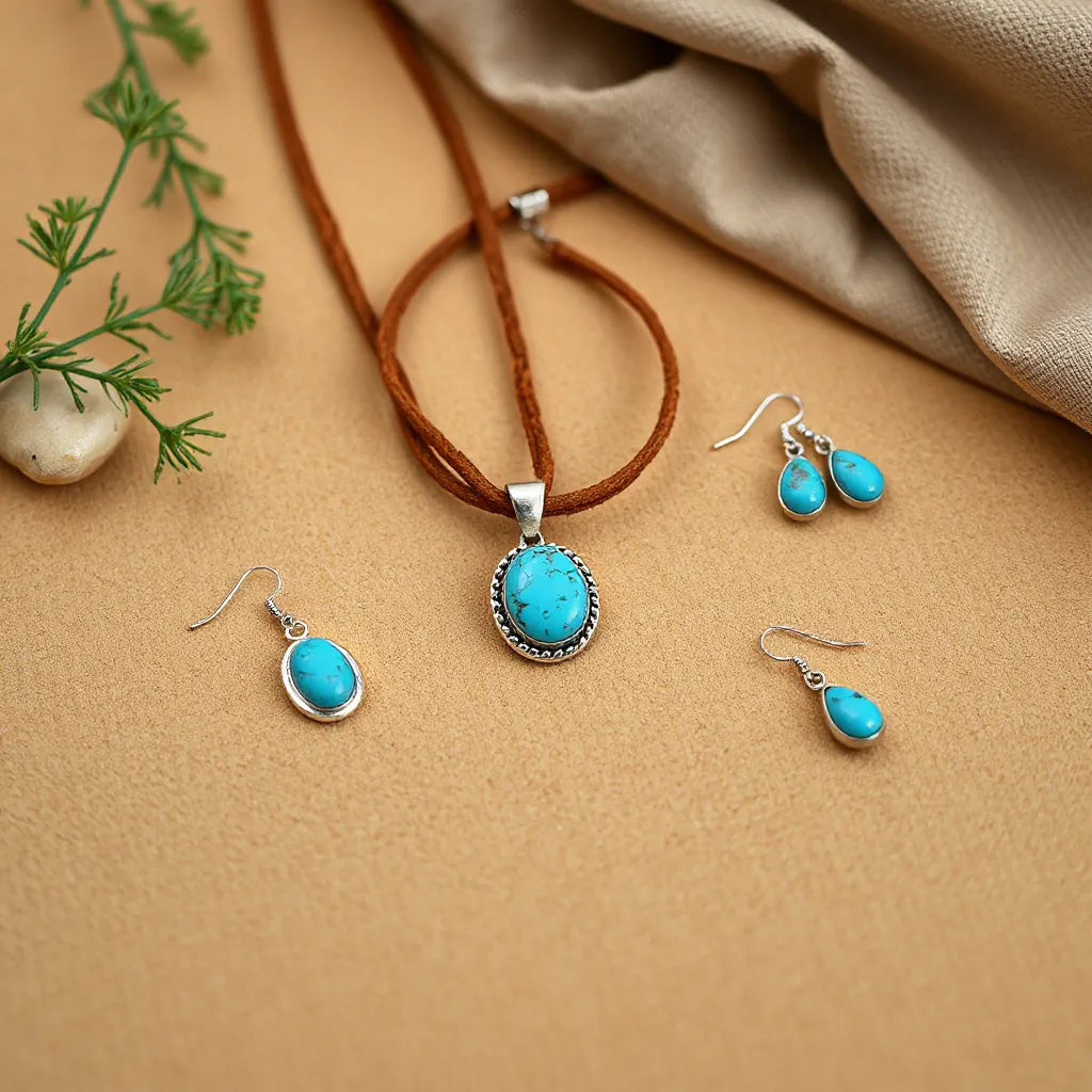 Turquoise pendant necklace, bracelet, and earrings styled in a boho southwestern look