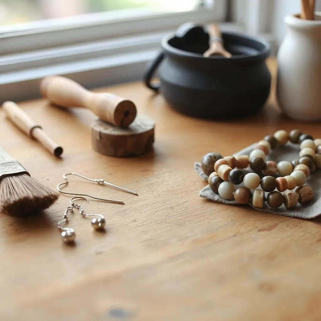 Handcrafted earrings, pendant necklace, and beaded bracelet arranged on a wooden jewelry workbench
