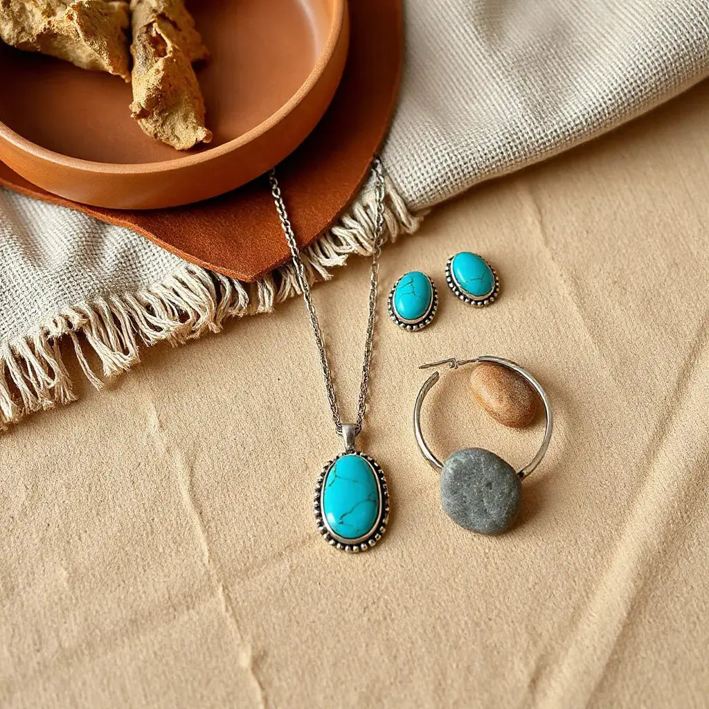 Turquoise boho southwestern necklace, earrings, and cuff bracelet on warm neutral fabric with desert stones