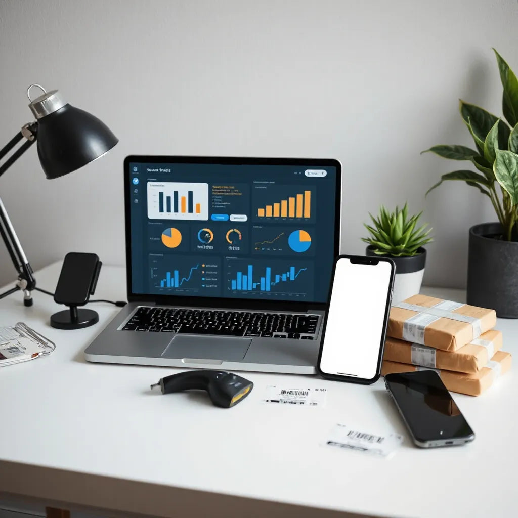 Minimal office setup with a laptop showing an e-commerce dashboard, plus parcels and a barcode scanner