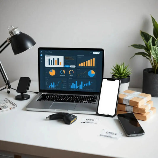 Minimal office setup with a laptop showing an e-commerce dashboard, plus parcels and a barcode scanner