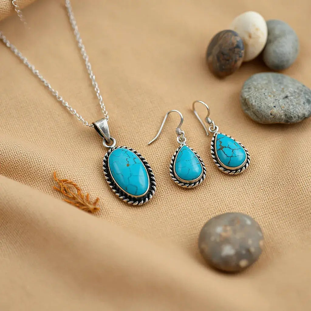 Turquoise and silver bohemian southwestern jewelry set on warm fabric with desert stones
