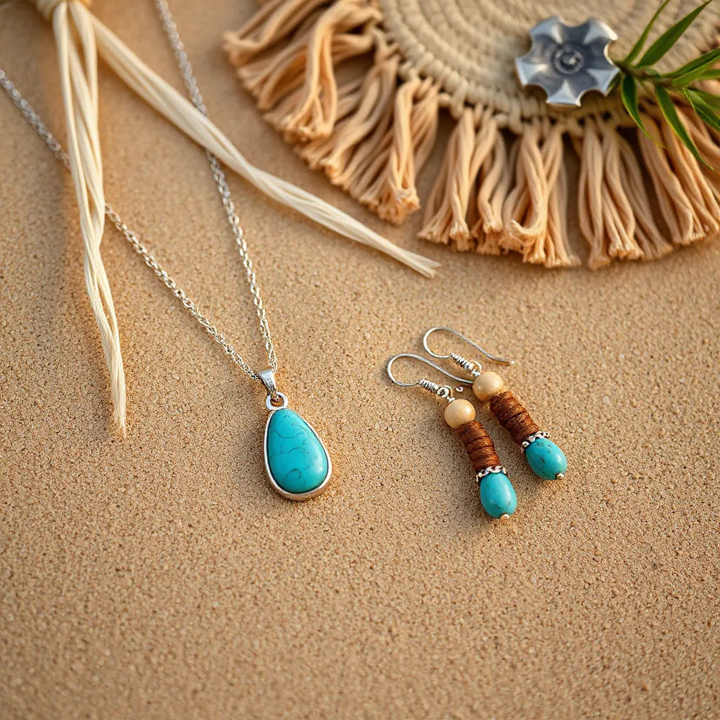 Turquoise pendant necklace, beaded bracelets, and earrings styled on desert sand with woven textures
