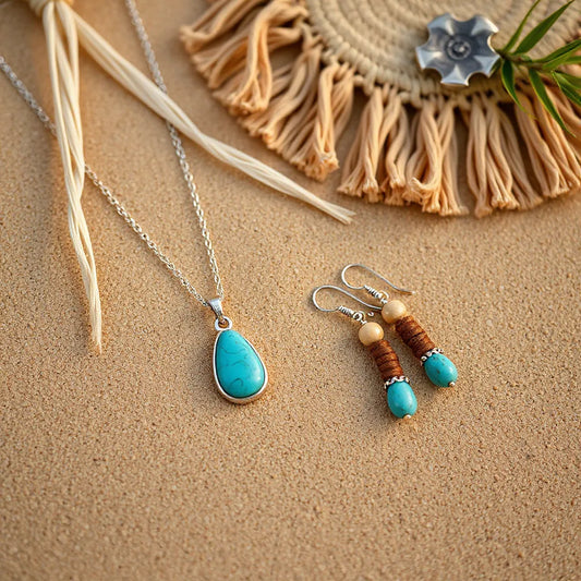 Turquoise pendant necklace, beaded bracelets, and earrings styled on desert sand with woven textures