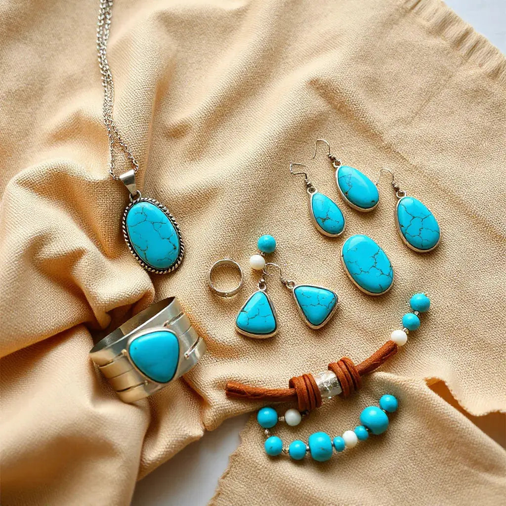 Turquoise pendant necklace, earrings, and cuff bracelet styled in bohemian southwestern theme on neutral fabric