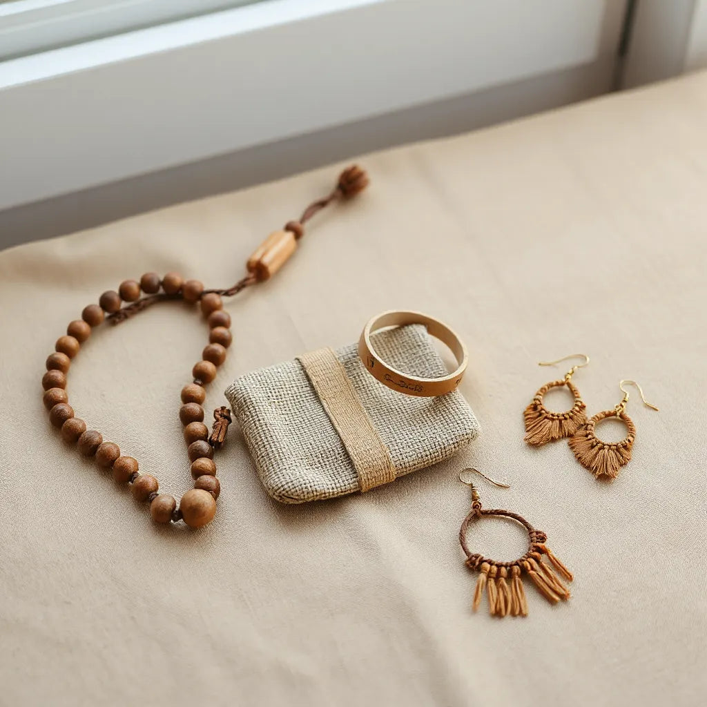 Wood beaded necklace, leather cuff bracelet, and boho earrings laid on warm linen fabric