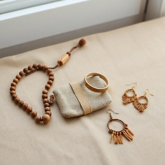 Wood beaded necklace, leather cuff bracelet, and boho earrings laid on warm linen fabric