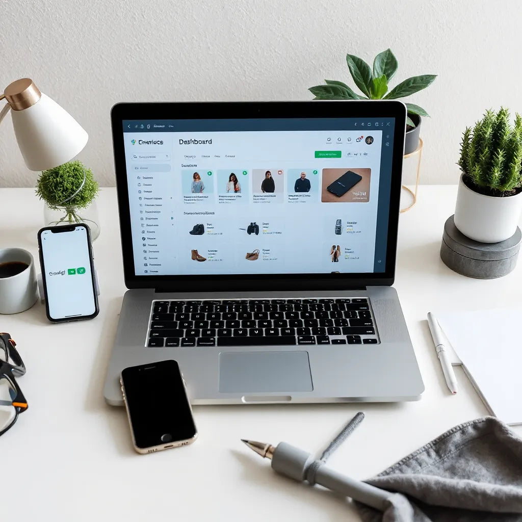 Laptop and mobile devices showing a generic e-commerce dashboard with product cards and checkout flow links