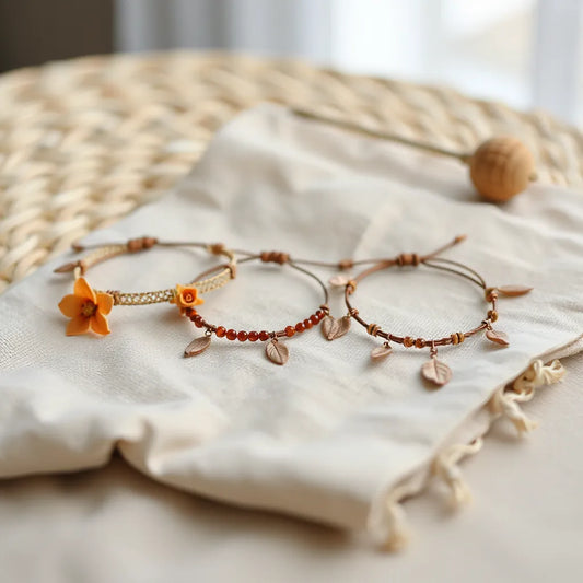 Boho flower bracelets with delicate floral charms displayed on neutral linen fabric