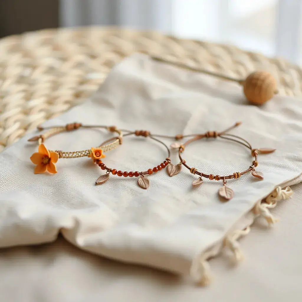 Boho flower bracelets with delicate floral charms displayed on neutral linen fabric